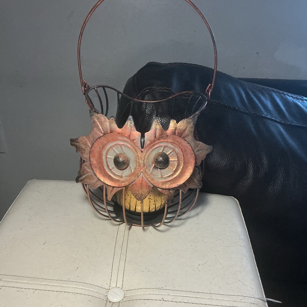 Metal Owl Lantern Basket in Rusty Orange and Brown